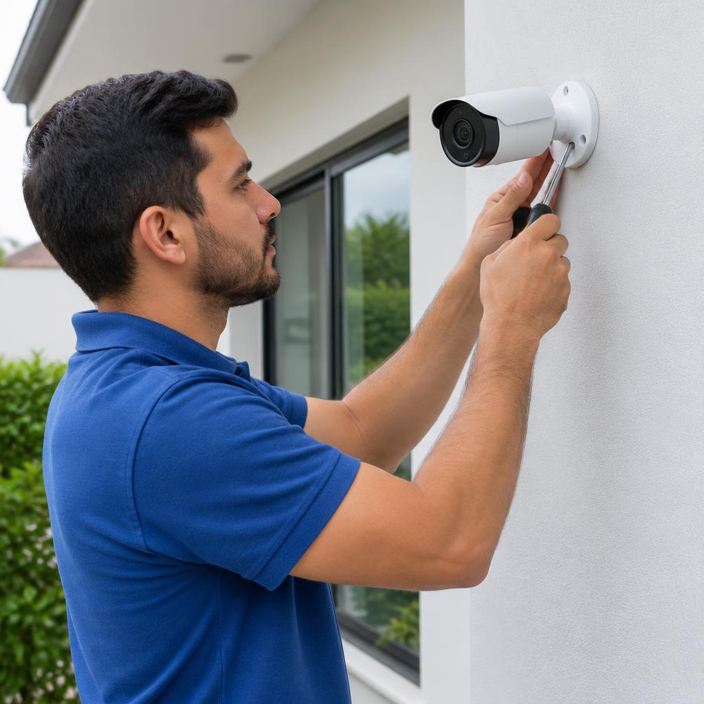 Imagem ilustrativa de profissional instalando uma câmera de segurança
